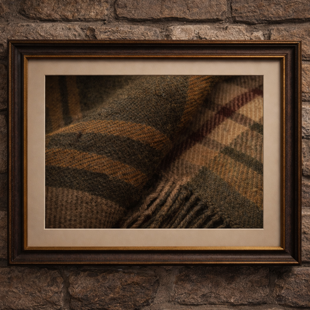 Framed plaid blanket against a stone wall