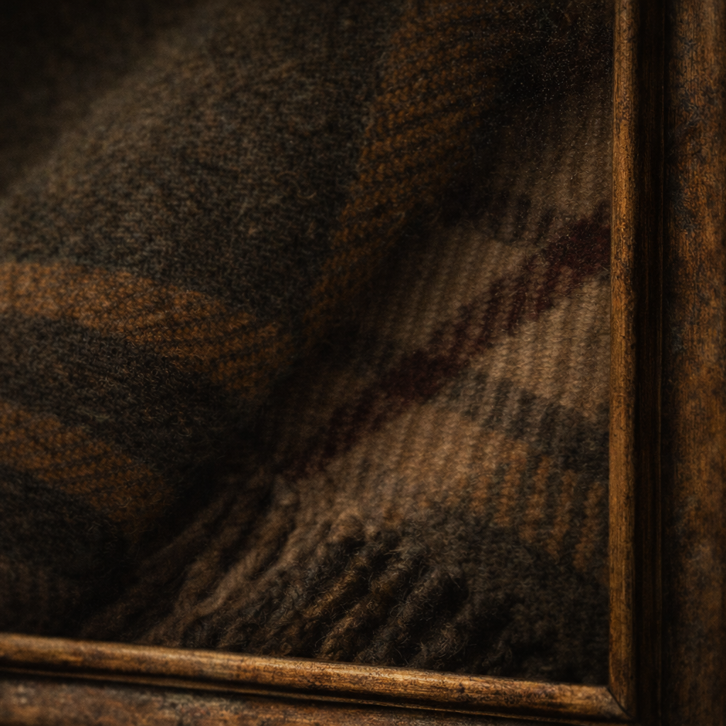 Close-up of a textured brown fabric with a wooden frame